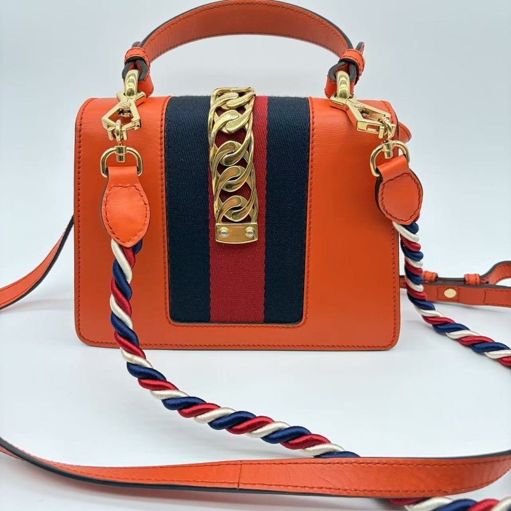 Gucci Orange Leather Top-Handle Satchel with Gold Chain Accent - Picture 3 of 4